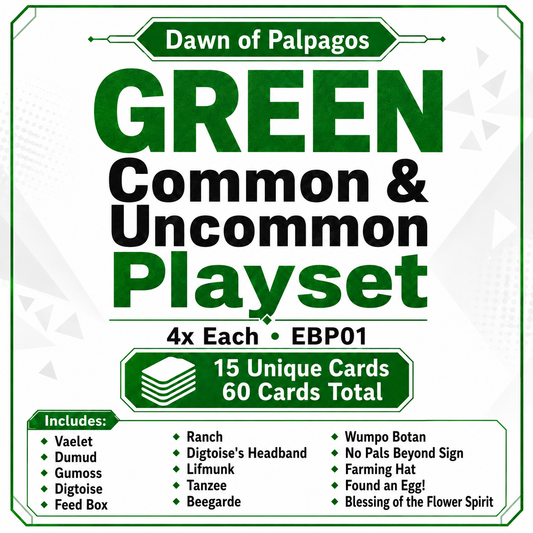 Palworld TCG Dawn of Palpagos Green Common & Uncommon Playset – 4x Each – EBP01