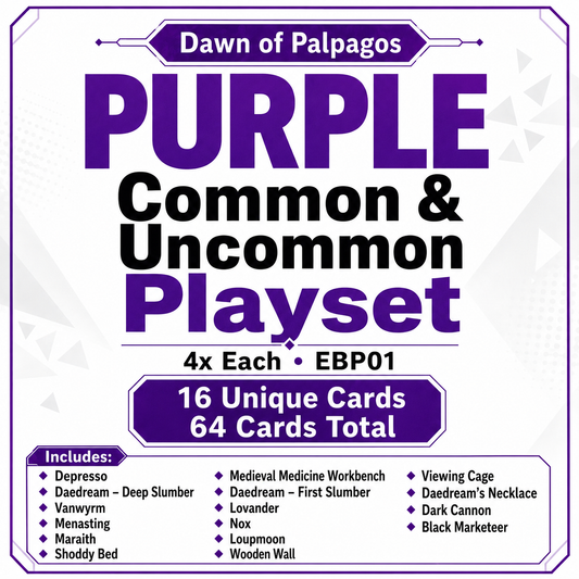 Palworld TCG Dawn of Palpagos Purple Common & Uncommon Playset – 4x Each – EBP01
